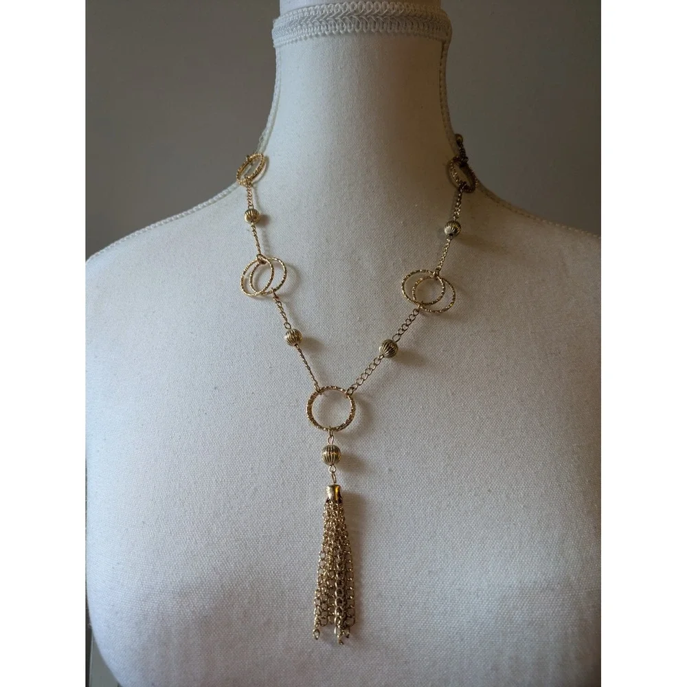 Gold Tone Tassel Necklace With Circular Stations Abstract Classic Elegant 18